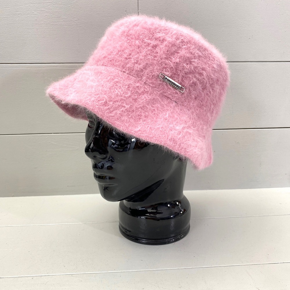 Parkhurst Angora Blend Bucket Hat Womens One Size Baby Pink Fuzzy Logo Hat y2k